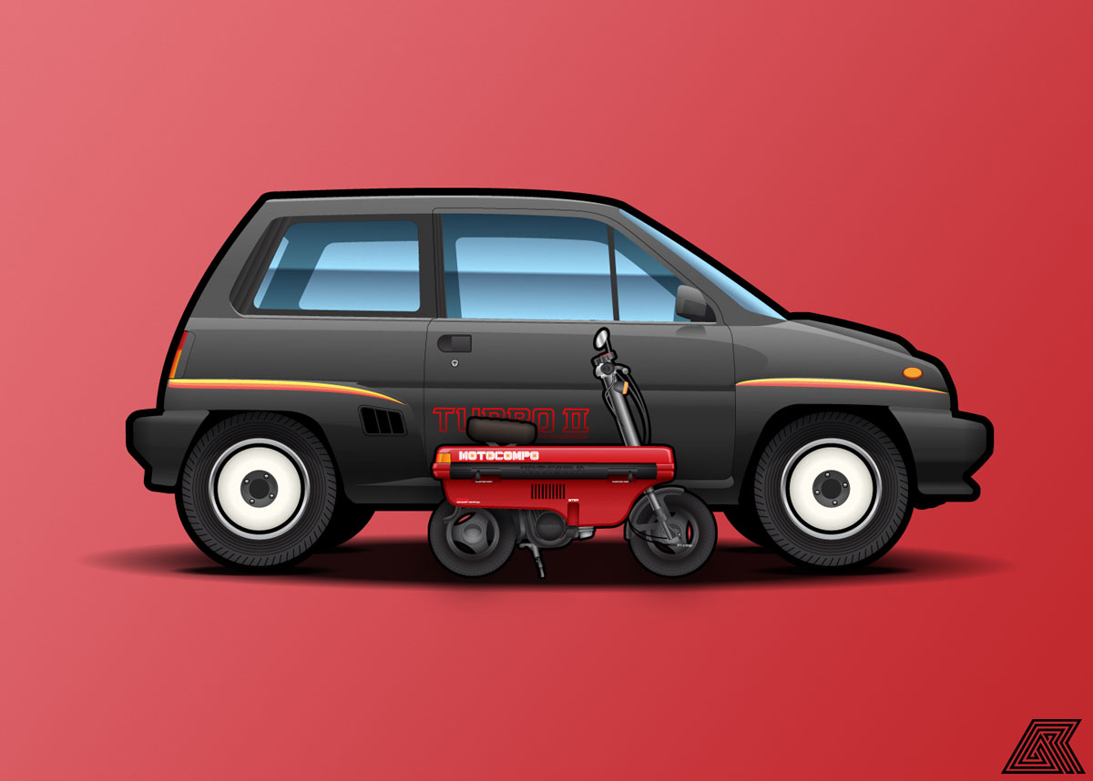 Honda City Turbo 2 with Honda Motocompo mini-bike