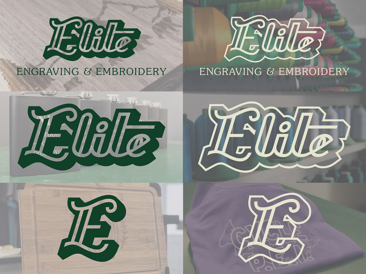Identities, wordmarks and icons in light + dark photo overlays.